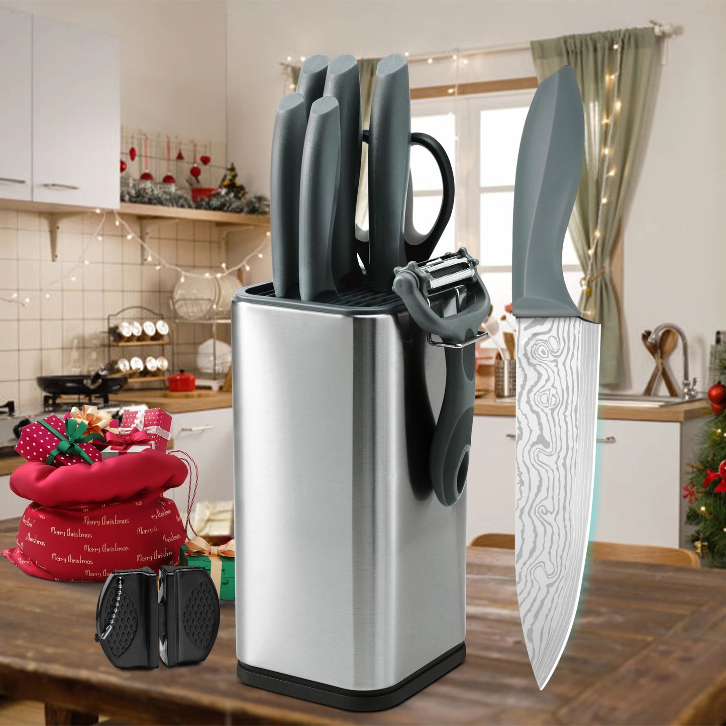 Damascus Pattern Stainless Steel Kitchen Knife Set With Knife Block