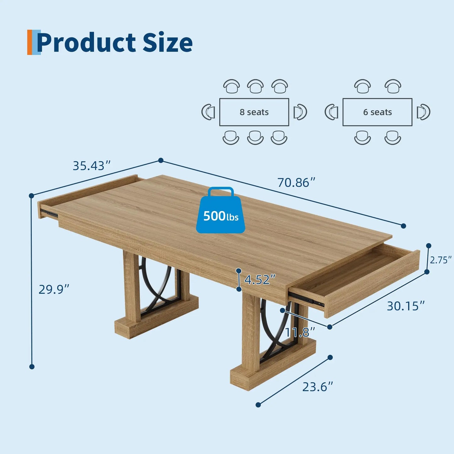 HobbyLane Rustic Wood Dining Table Storage Drawers For Home Office, No Chairs