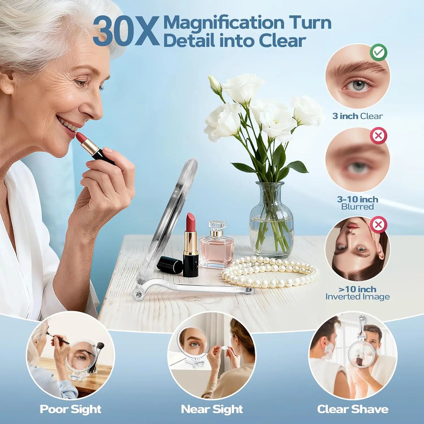 30X Magnifying Travel Mirror With Handle Double Sided Makeup