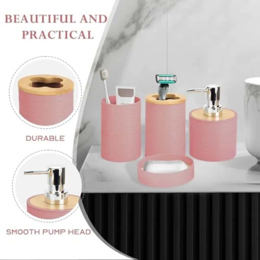 Bamboo Bathroom Accessories Set 4 Piece With Soap Dispenser