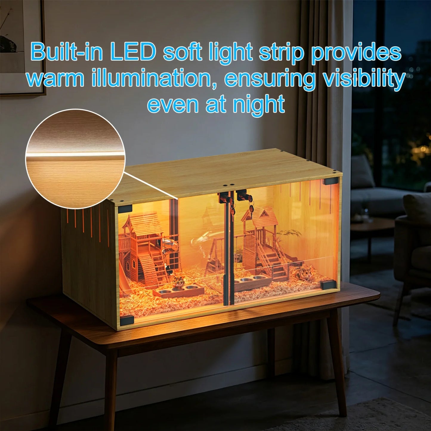 Wooden Small Animal Cage With Tempered Glass For Hamsters Mice