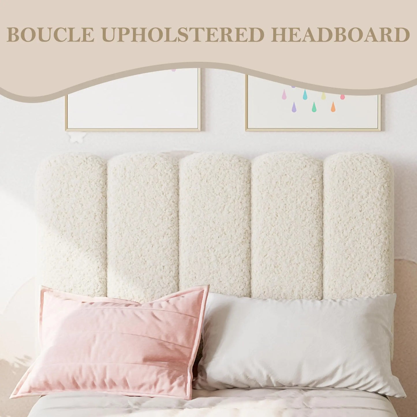 Twin Bed Frame, Upholstered Platform Bed with Wave Headboard for Girls/Kids, Easy Assembly, Wooden Slats Support, No Box Spring Needed