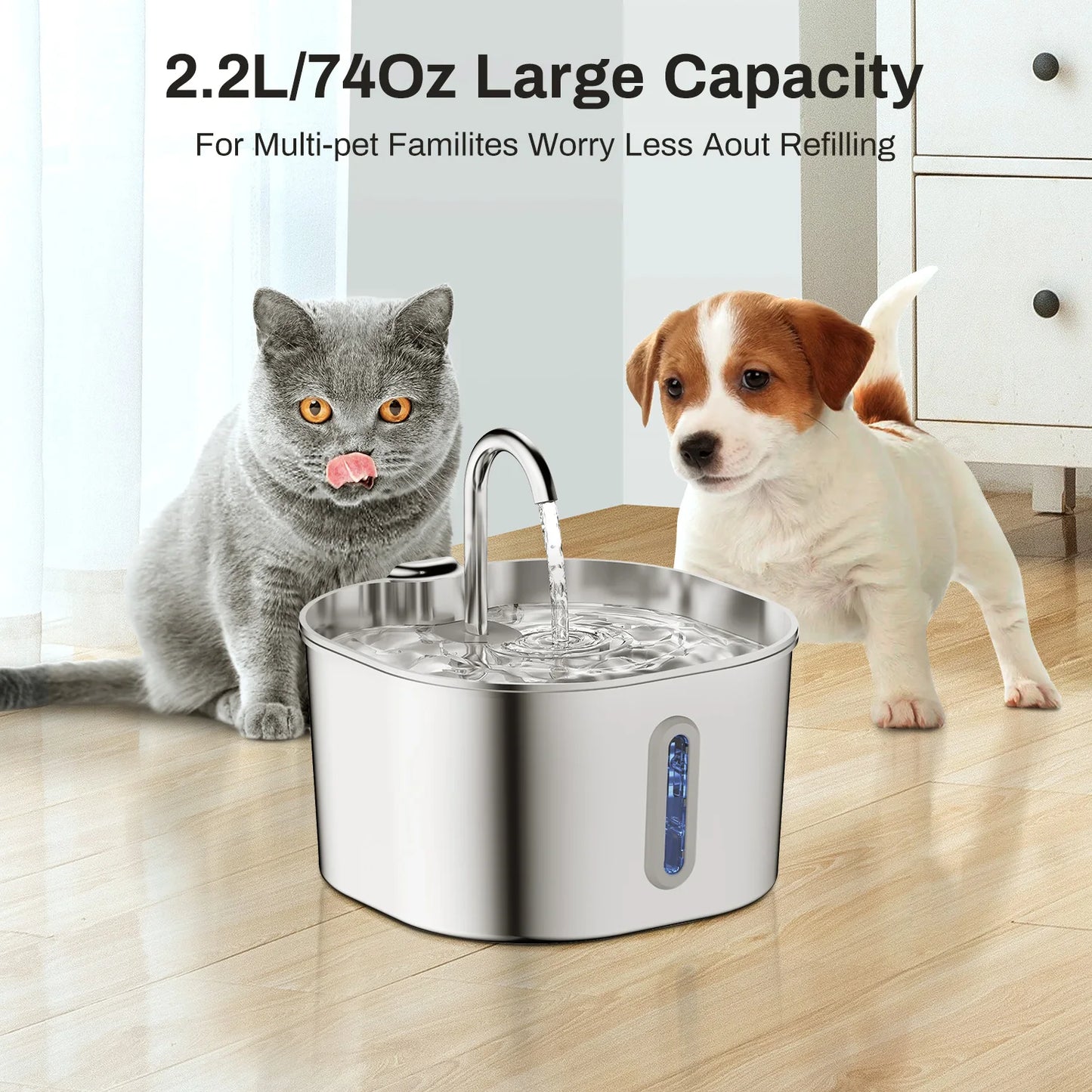 Stainless Steel Cat And Dog Water Fountain 2.2L LED Window