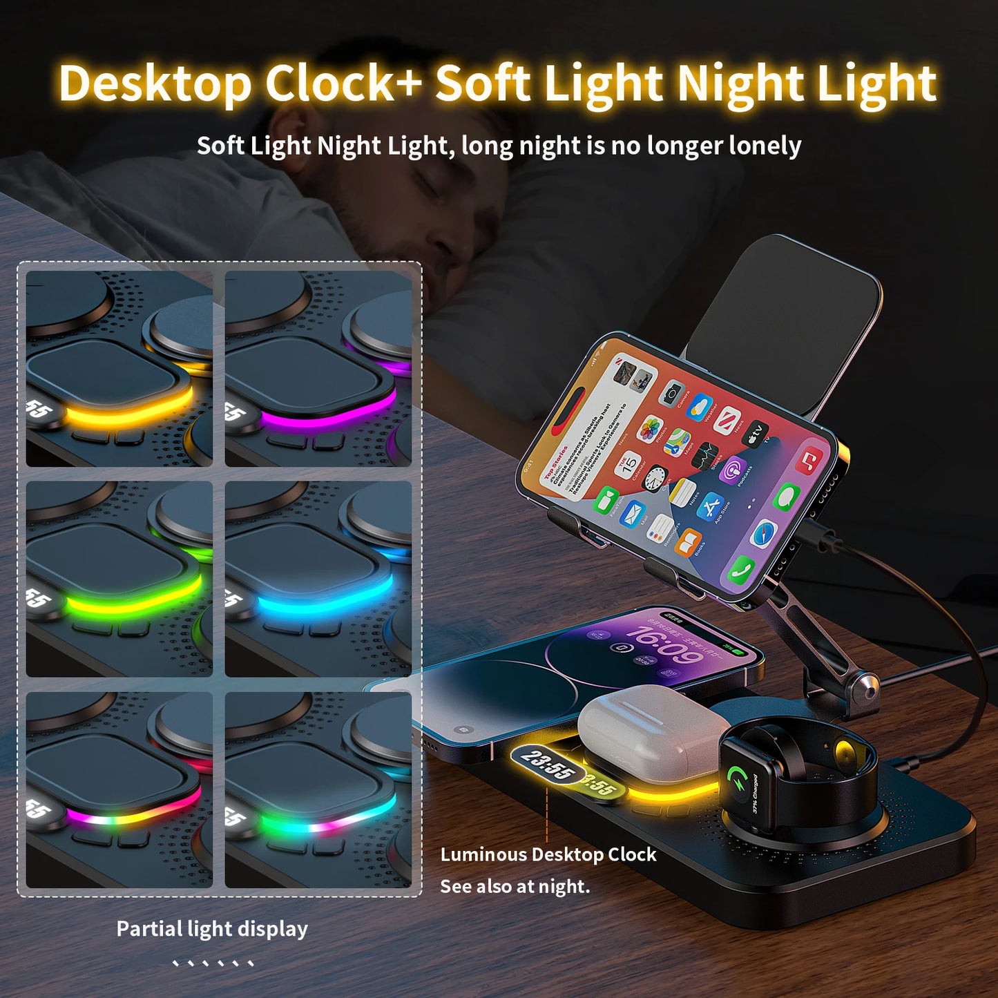 7 In 1 Wireless Charger Station 15W Foldable Alarm Clock