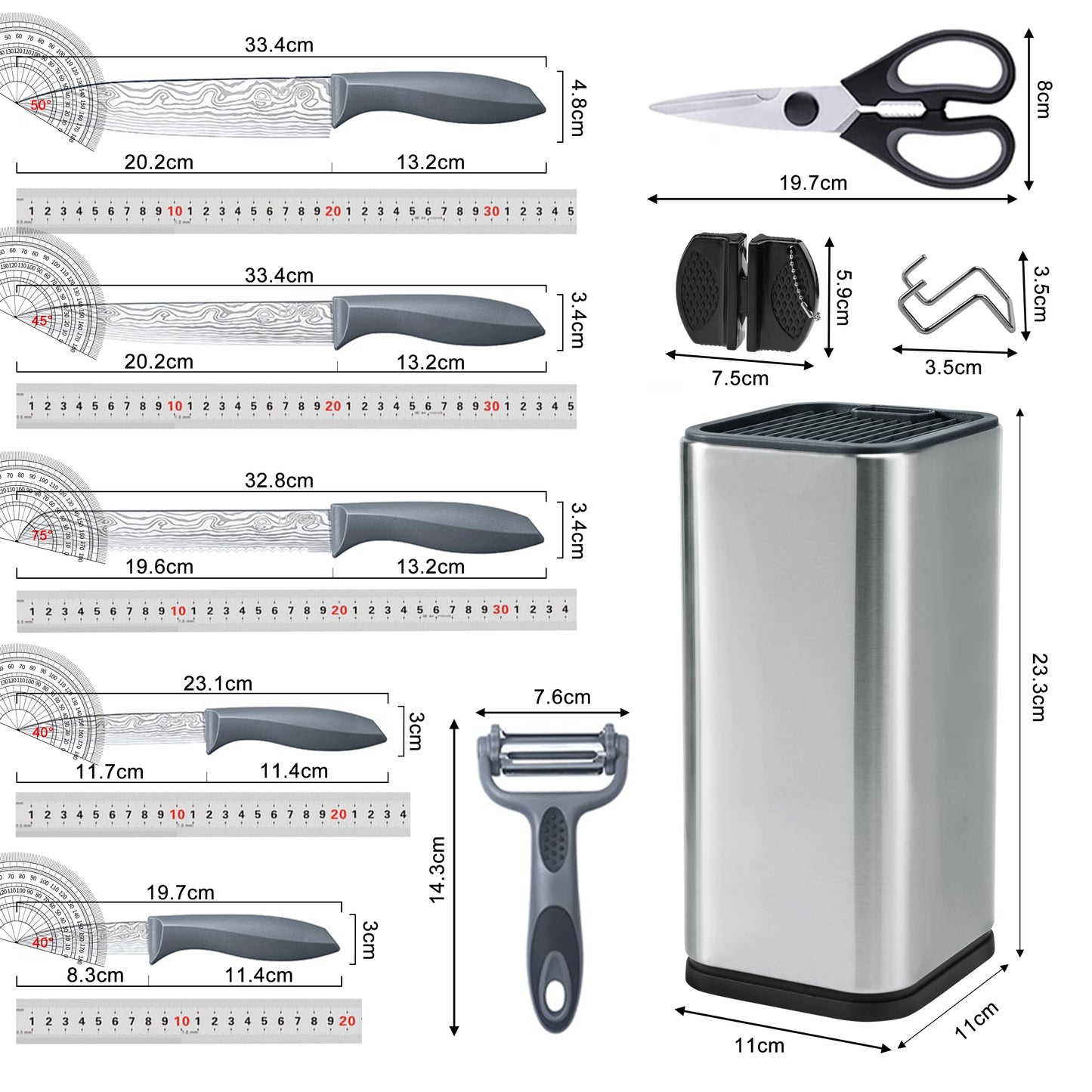 Damascus Pattern Stainless Steel Kitchen Knife Set With Knife Block