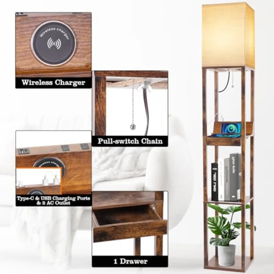 Floor Lamp With Shelves And Wireless Charger USB Ports Drawer
