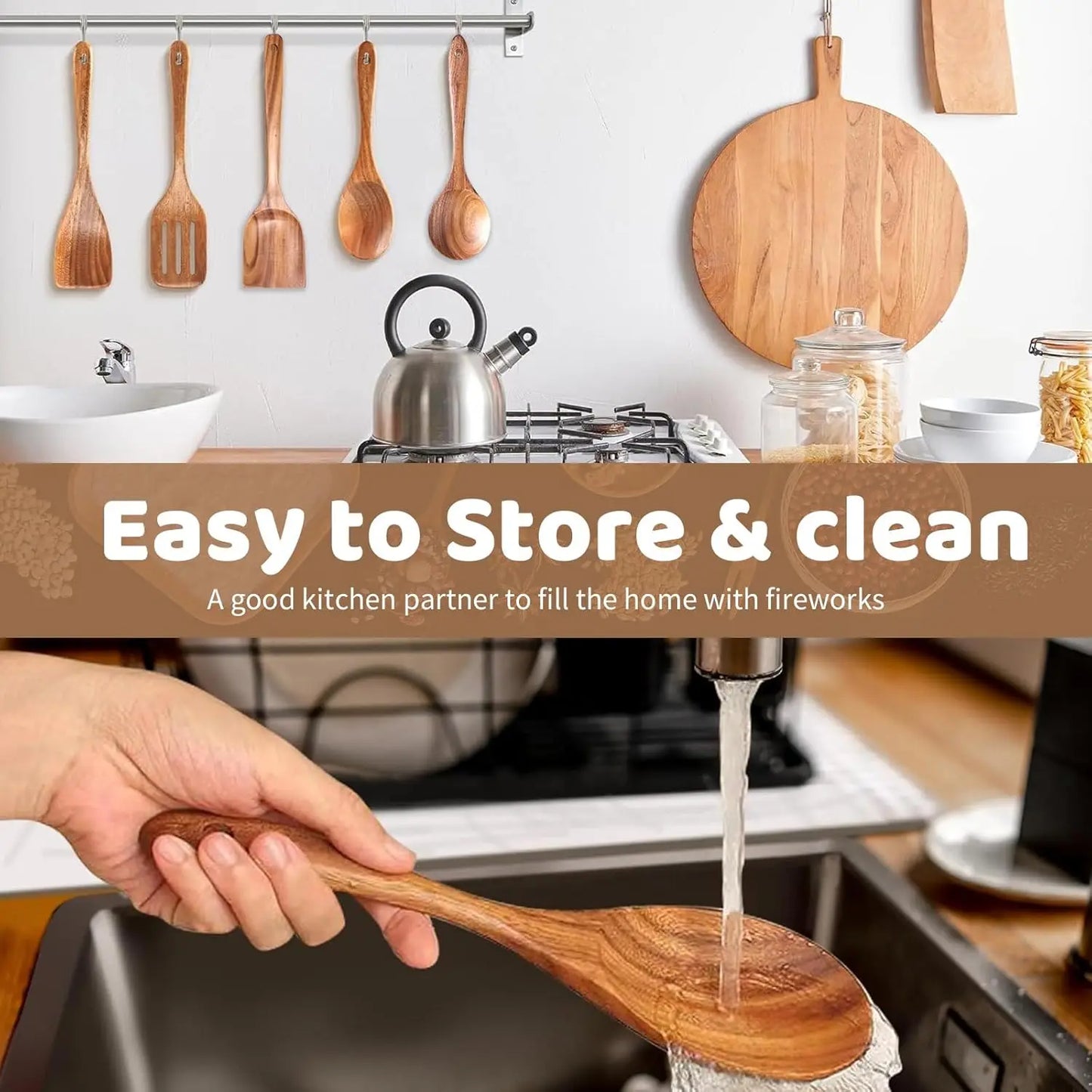 Natural Teak Five Piece Wooden Utensil Set for Nonstick Pans