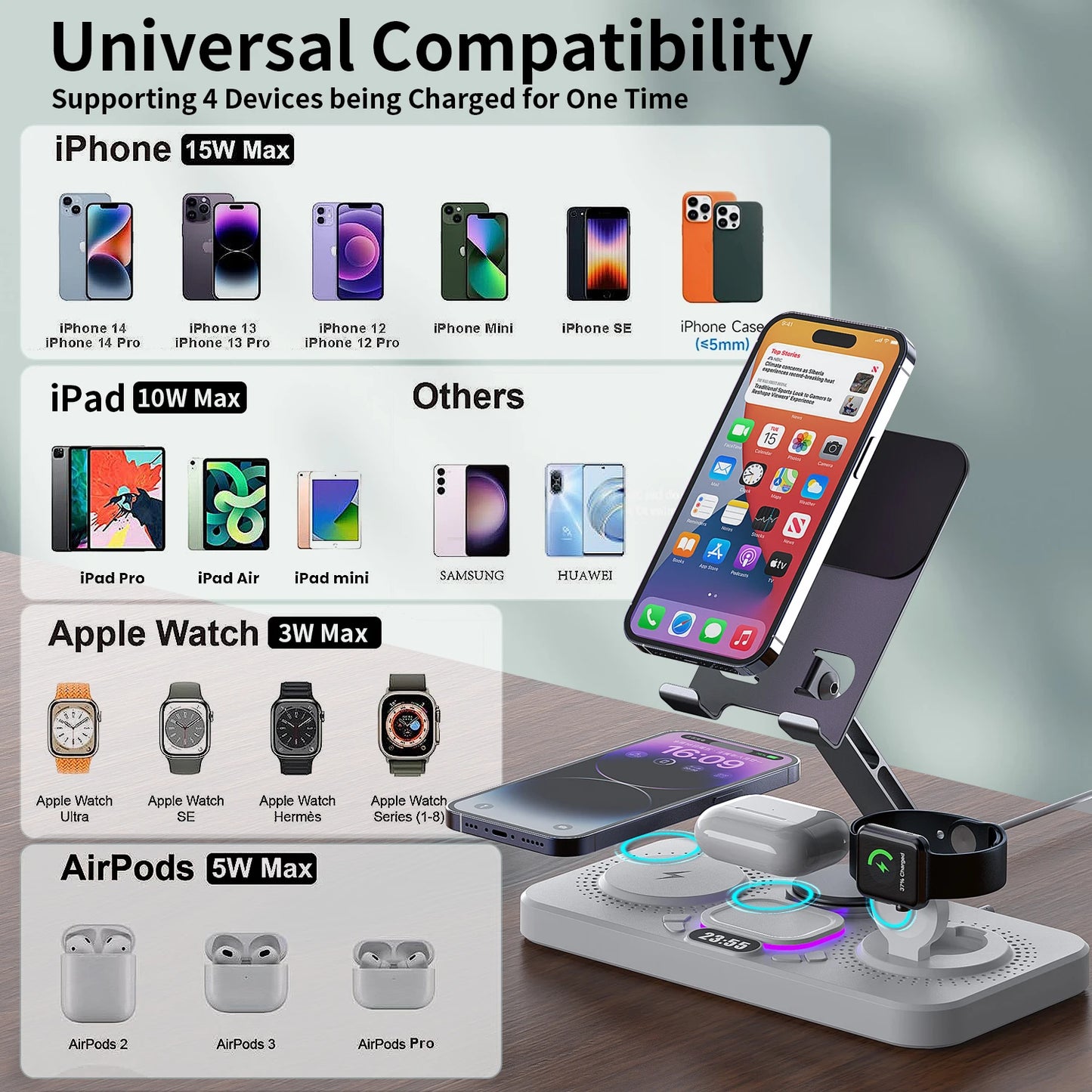 7 In 1 Wireless Charger Station 15W Foldable Alarm Clock