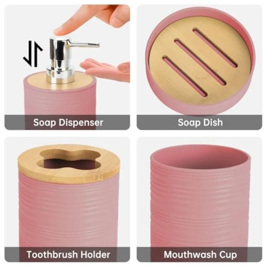 Bamboo Bathroom Accessories Set 4 Piece With Soap Dispenser