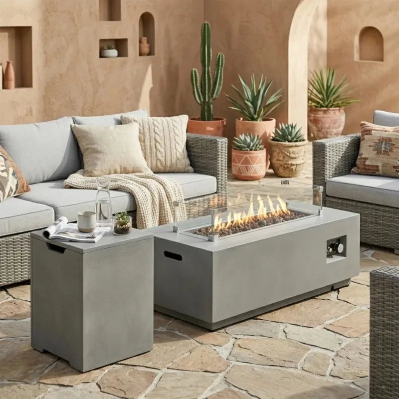 Propane Fire Pit Table 50000 BTU Glass Wind Guard Outdoor