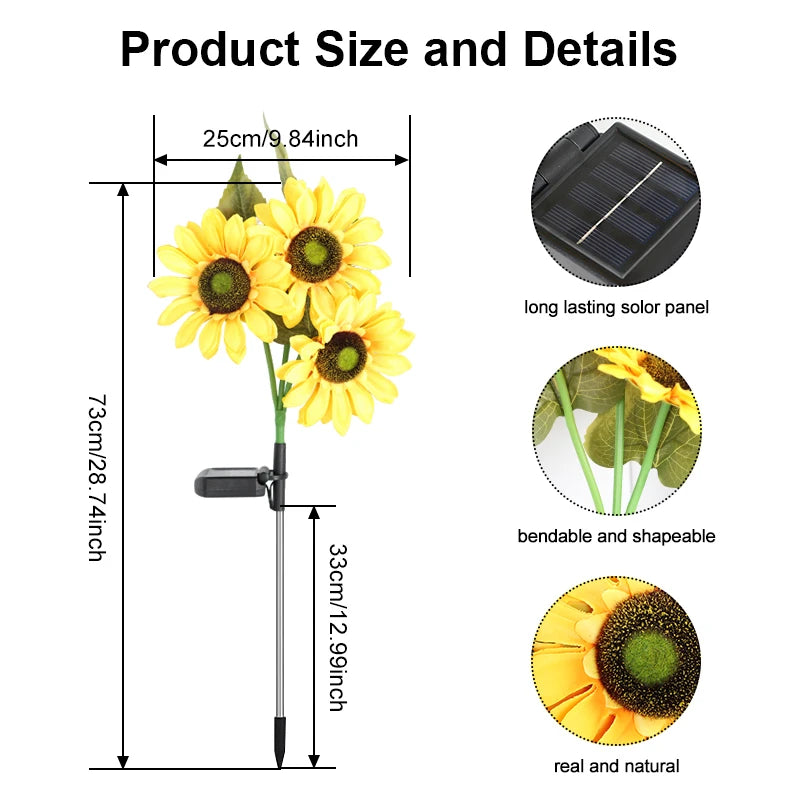FAMCDC Solar Powered Sunflower 3 Head Ground Lamp for Garden