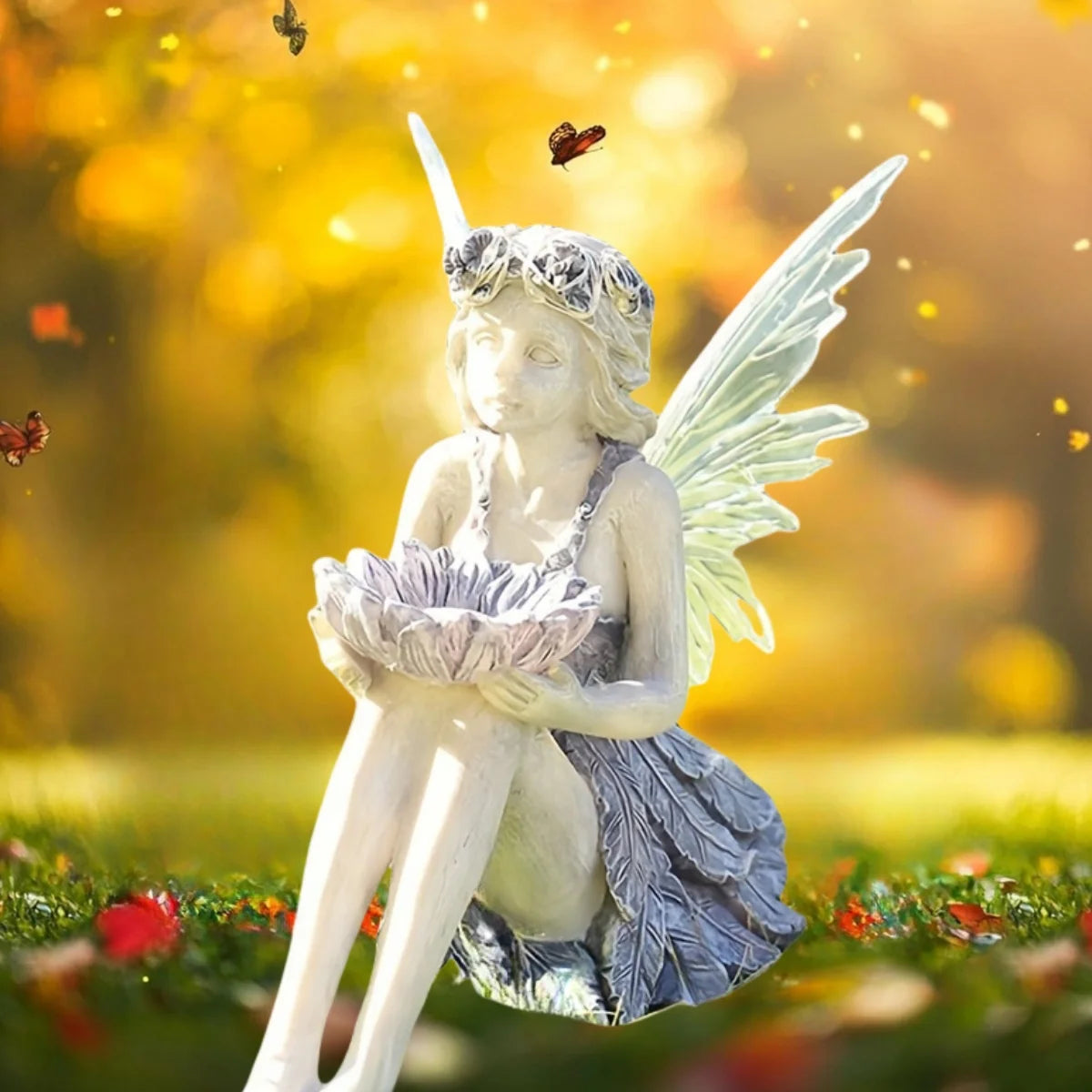 Outdoor Garden Solar Fairy Statue Light Resin Flower Holder Decor