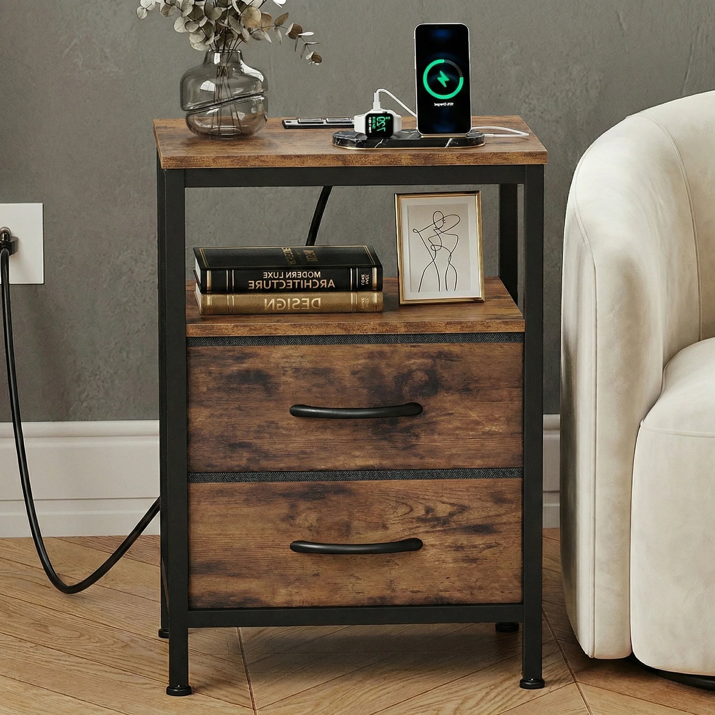 JHK 2 Fabric Drawers Nightstands Set of 2 with Open Shelf Bedside Table with USB Ports Charging Station for Living Room Bedroom