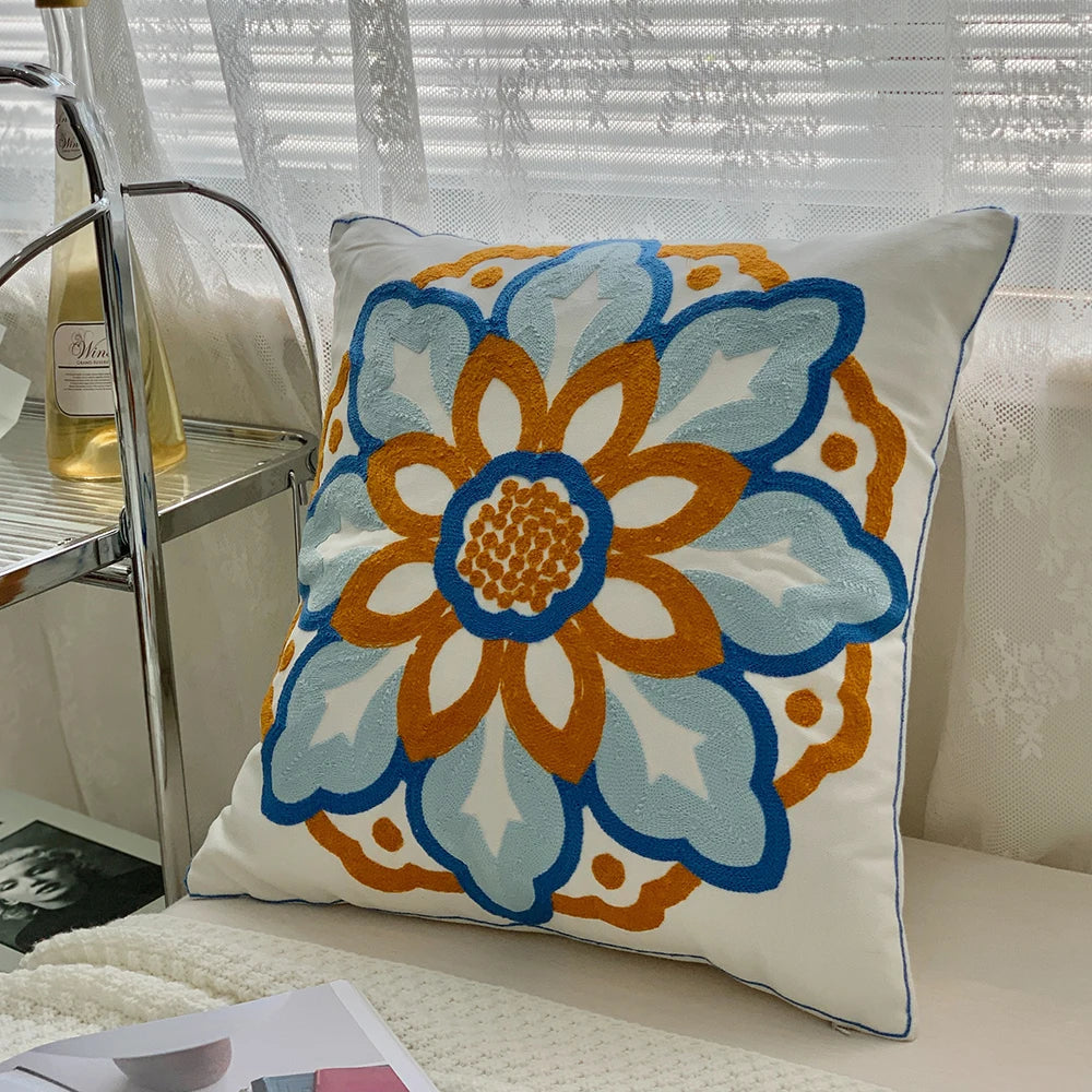 Ethnic Style Floral Embroidered Cotton Pillow Cover