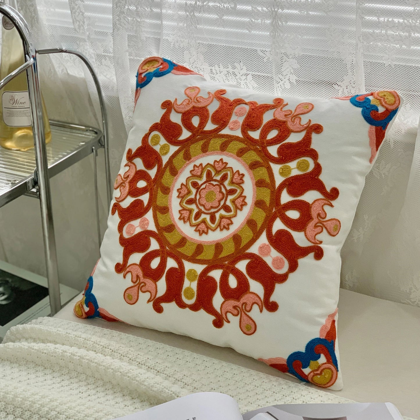 Ethnic Style Floral Embroidered Cotton Pillow Cover