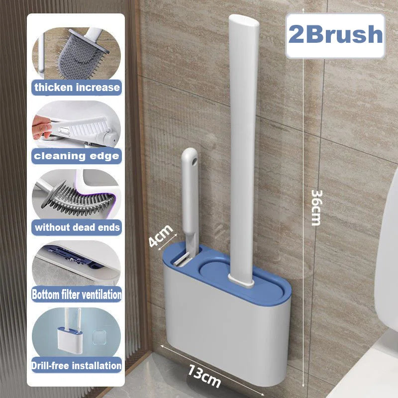 Wall Hanging Toilet Brush With Holder, Long Handle Silicone Bristles