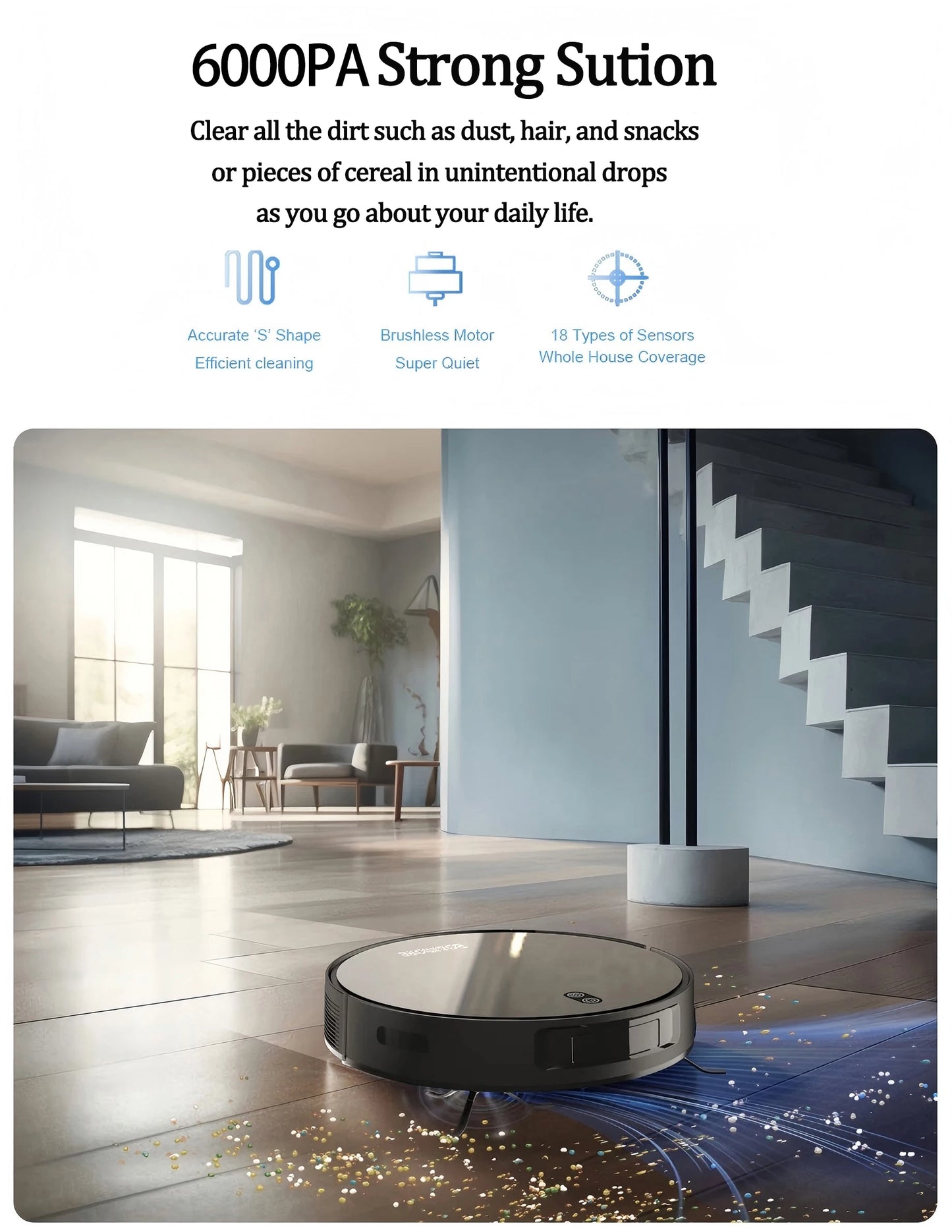 BOAIMORE Robot Vacuum Cleaner With Mop, 6000PA Suction, Smart Mapping