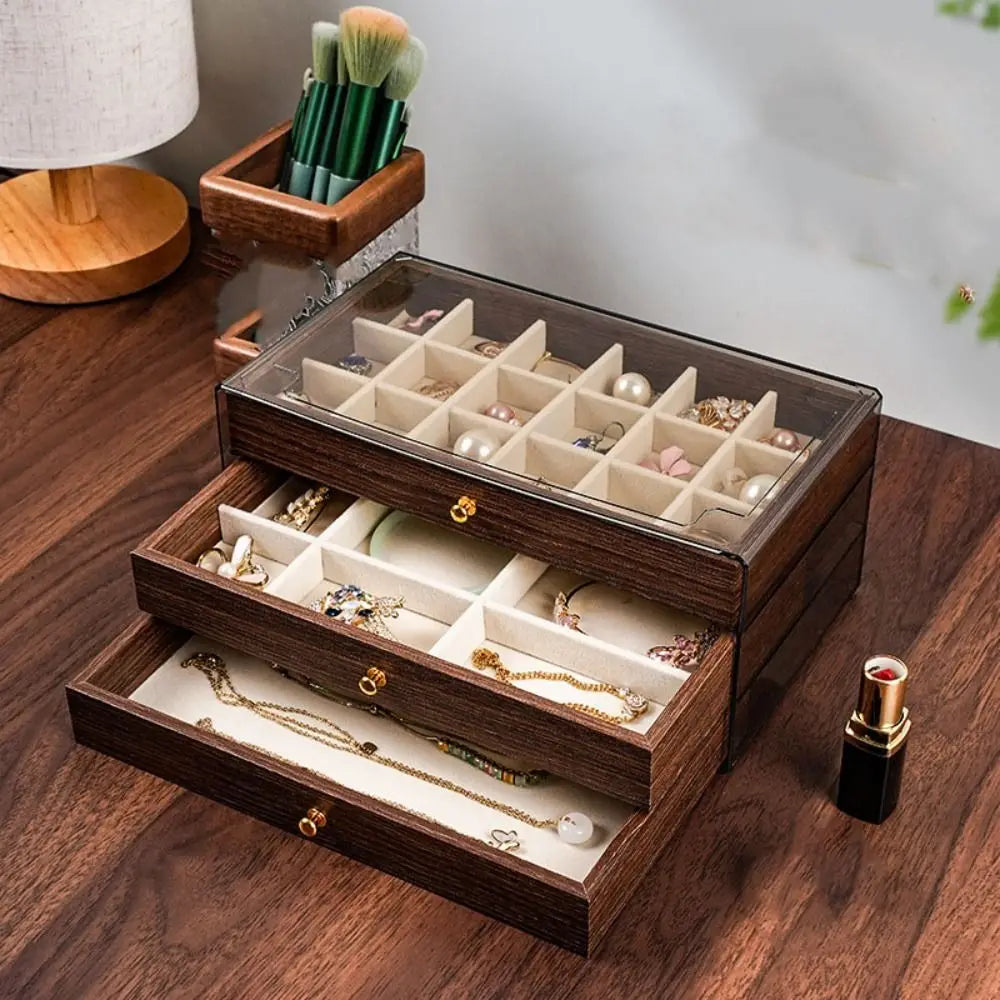 Multi Layer Wooden Jewelry Box With Transparent Window Organizer