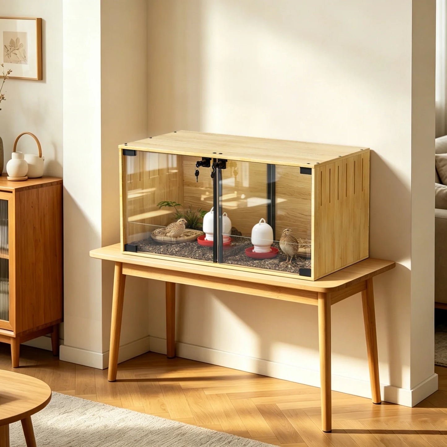 Wooden Small Animal Cage With Tempered Glass For Hamsters Mice