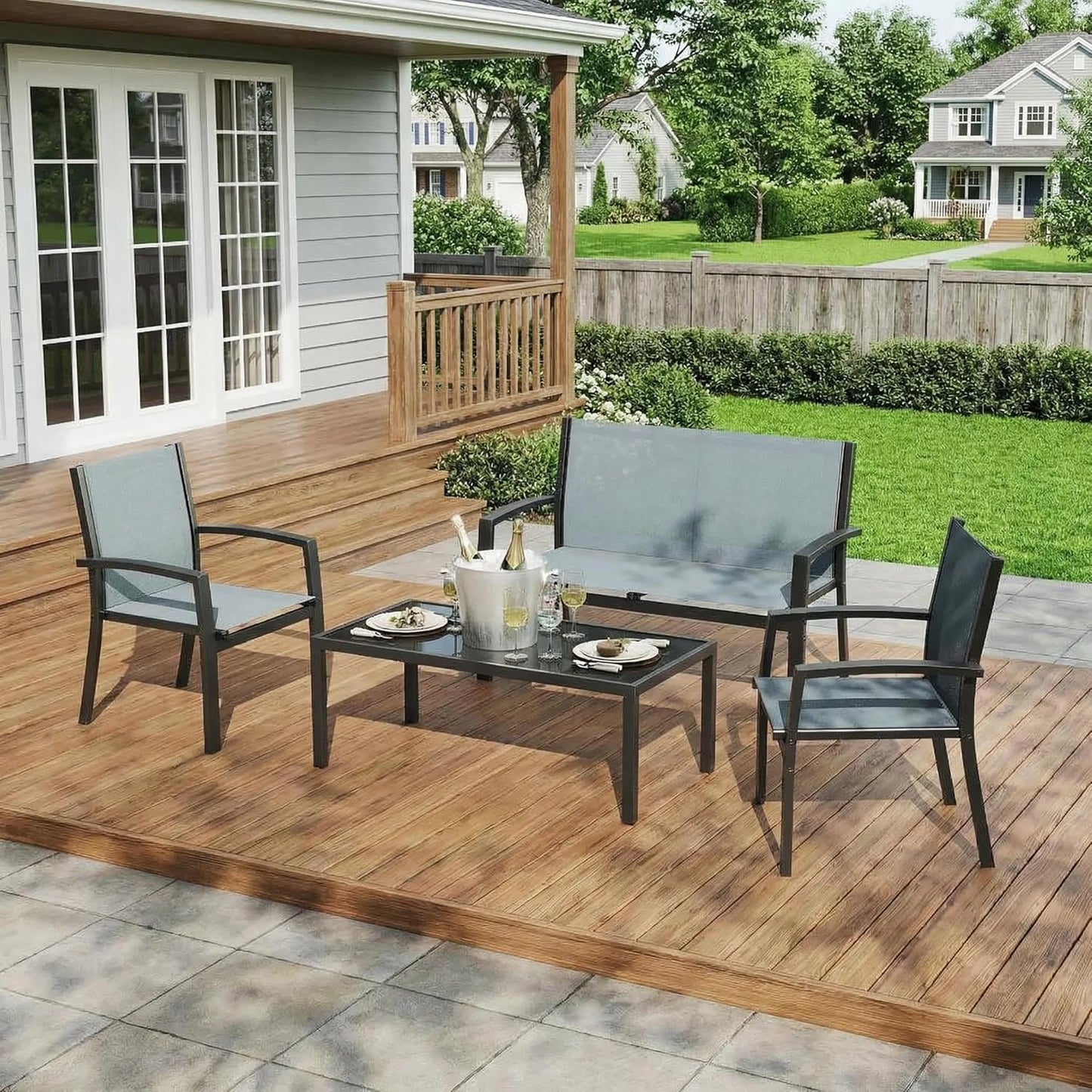 HobbyLane Modern 4 Piece Metal Patio Set With Mesh Table