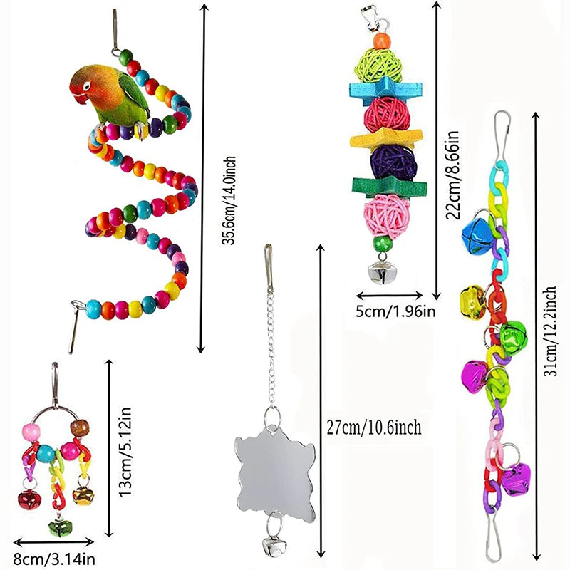 7-Piece Wood Parrot Toys Set With Swing Bridge Balls Bells