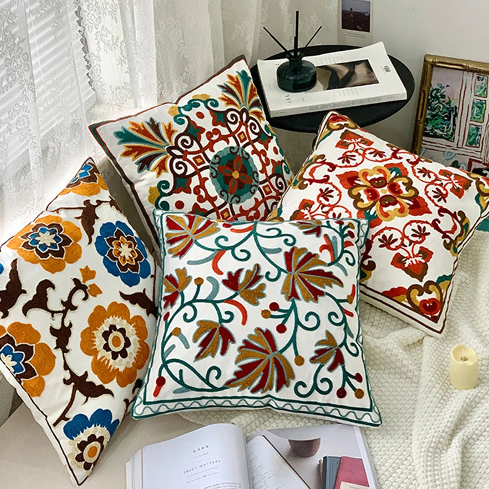 Ethnic Style Floral Embroidered Cotton Pillow Cover