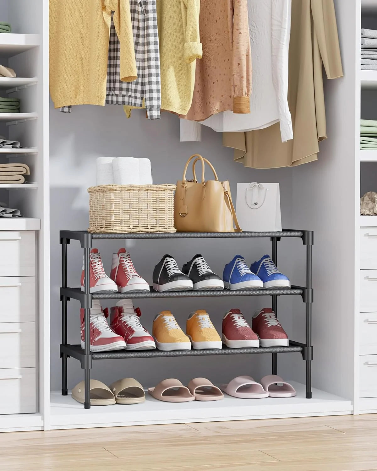 Three Tier Stackable Nonwoven Shoe Rack Organizer Space Saving