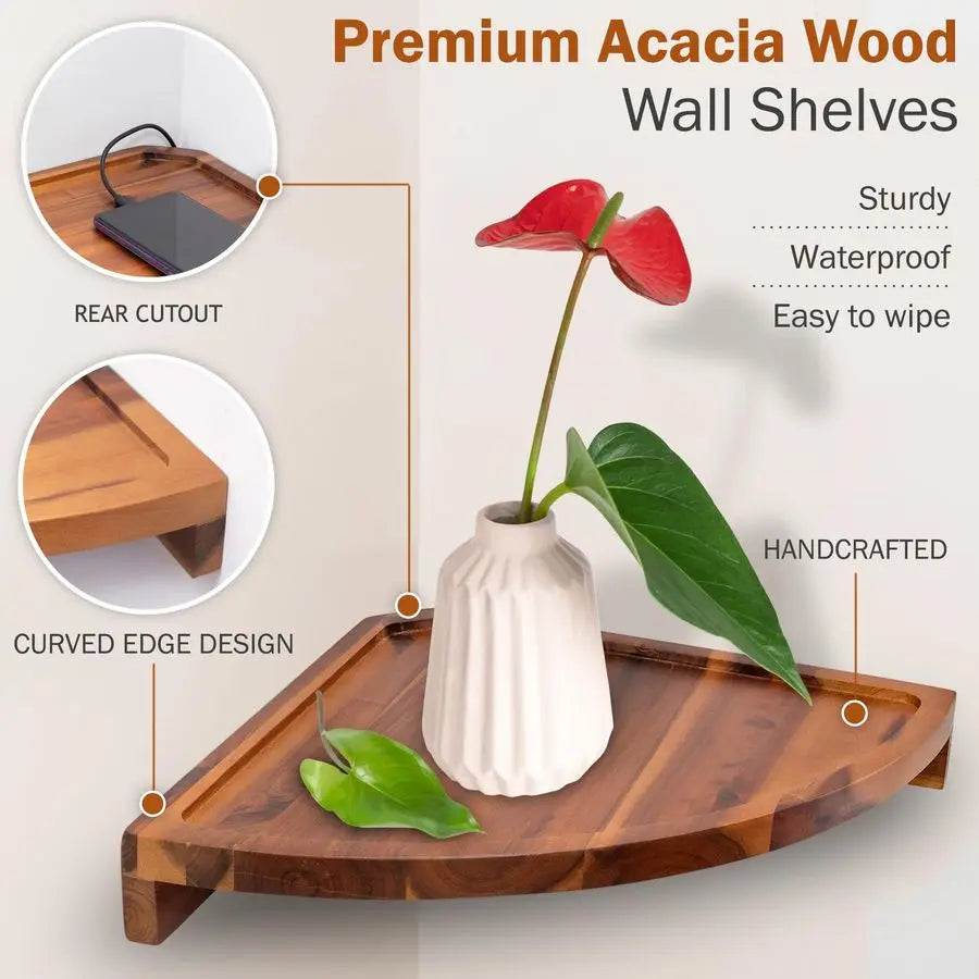Floating Corner Shelves Wall Mount 2 Pack Acacia Wood