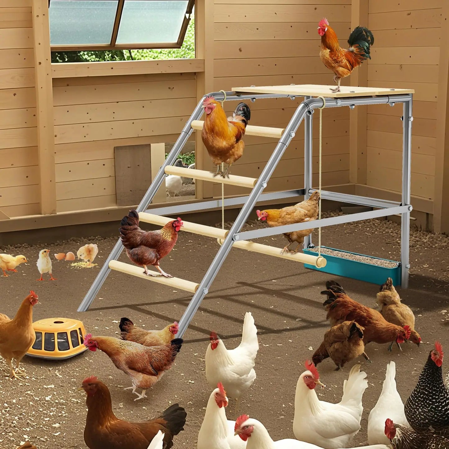 HiMISS Multi-Tier Chicken Roost Perch With Wooden Rungs Galvanized Steel
