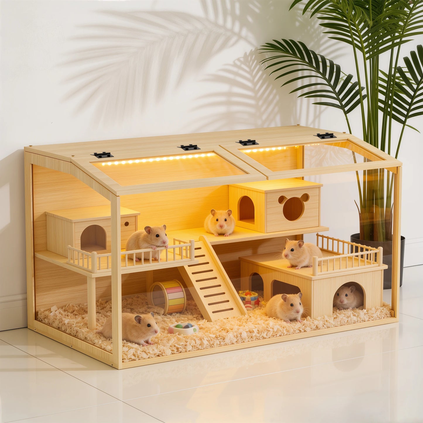 Wooden Hamster Cage With Built In Light For Small Pets