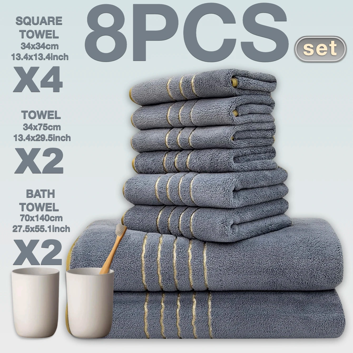 White Gray Bath Towel Set With Gold Accents Absorbent