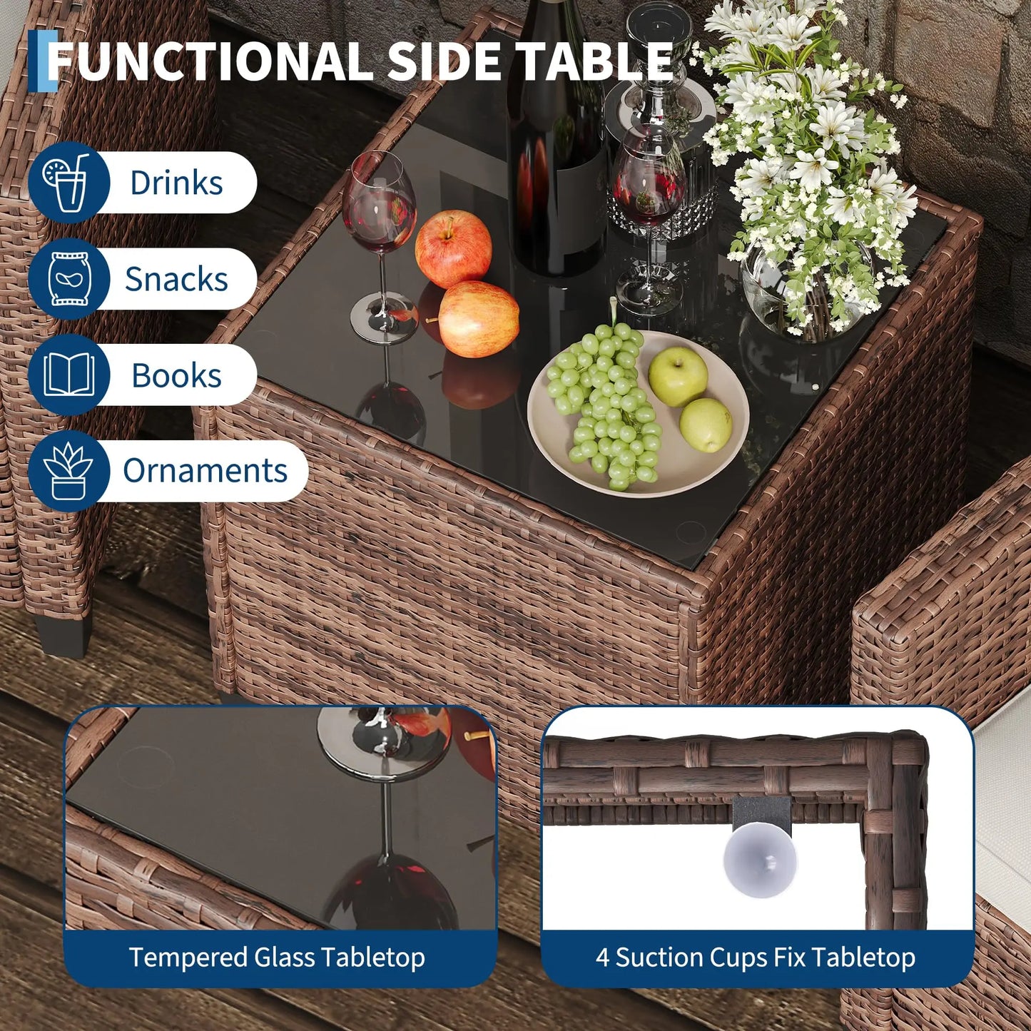 HiMISS Outdoor Bistro Set Wicker Patio Furniture With Coffee Table Cushions