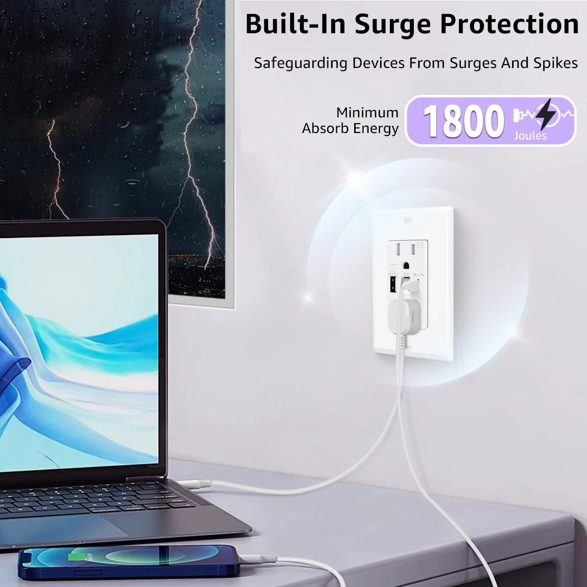 Night Light Outlet With 24W USB-C and USB-A Charging