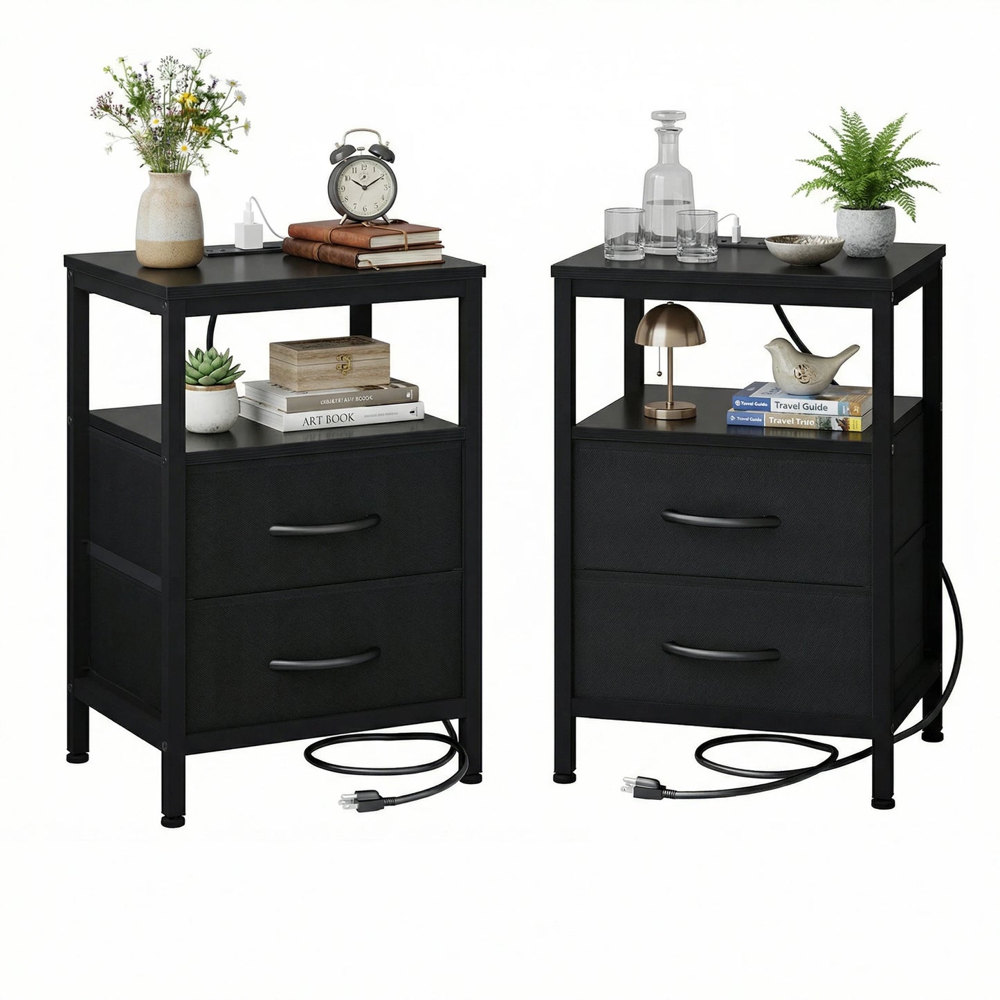 JHK 2 Fabric Drawers Nightstands Set of 2 with Open Shelf Bedside Table with USB Ports Charging Station for Living Room Bedroom