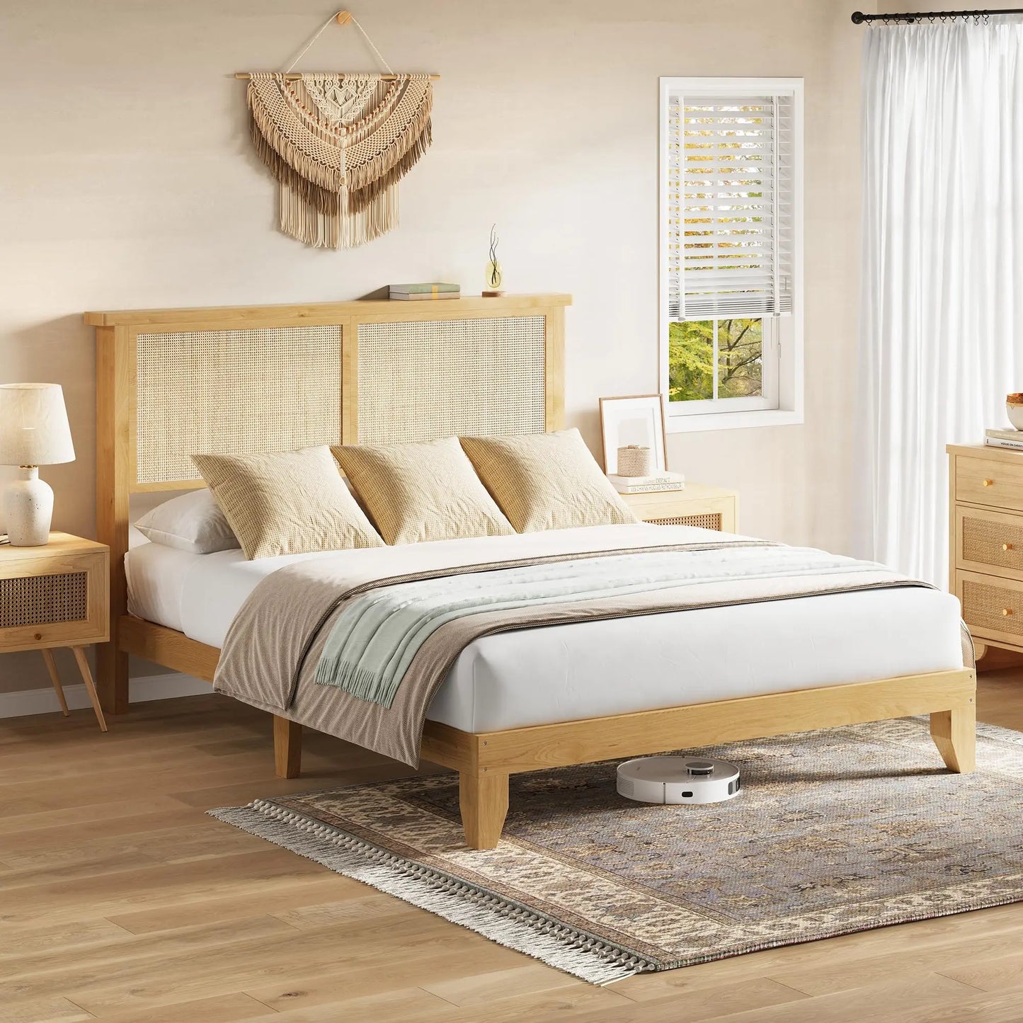 Queen Size Rattan Bed Frame with LED Lights, Boho Platform Bed with Rattan Headboard, Wooden Slats Support, No Box Spring Needed, Noise-Free, Easy Assembly, for Bedroom