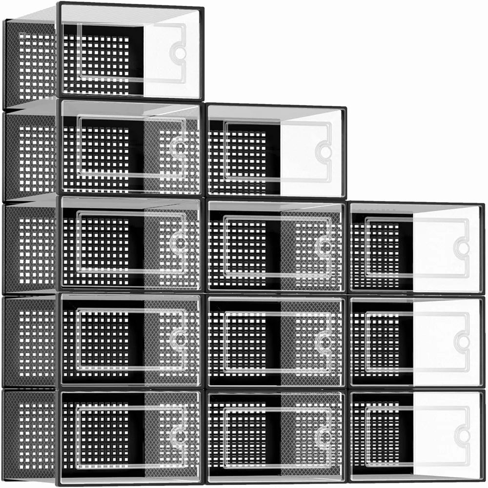 Transparent Stackable Shoe Storage Boxes Foldable Linked Design 12 Pack