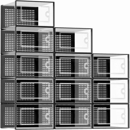 Transparent Stackable Shoe Storage Boxes Foldable Linked Design 12 Pack
