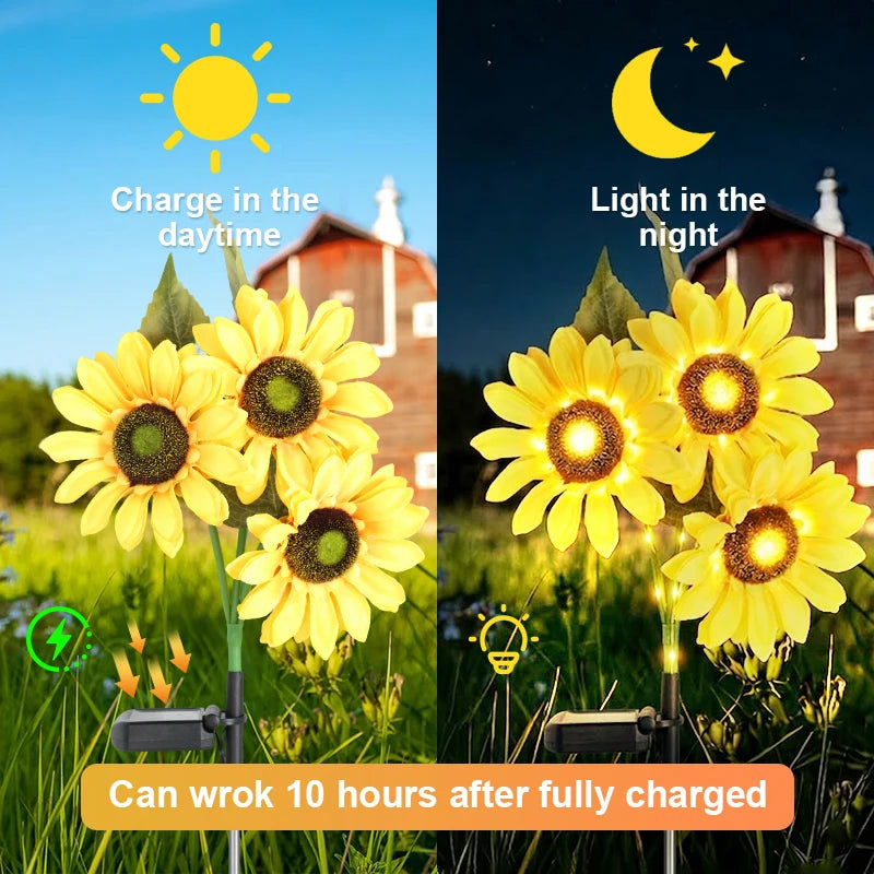 FAMCDC Solar Powered Sunflower 3 Head Ground Lamp for Garden