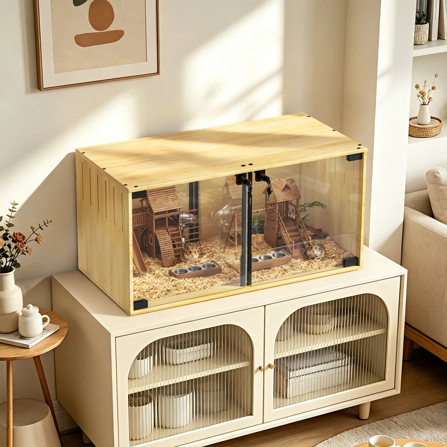 Wooden Small Animal Cage With Tempered Glass For Hamsters Mice