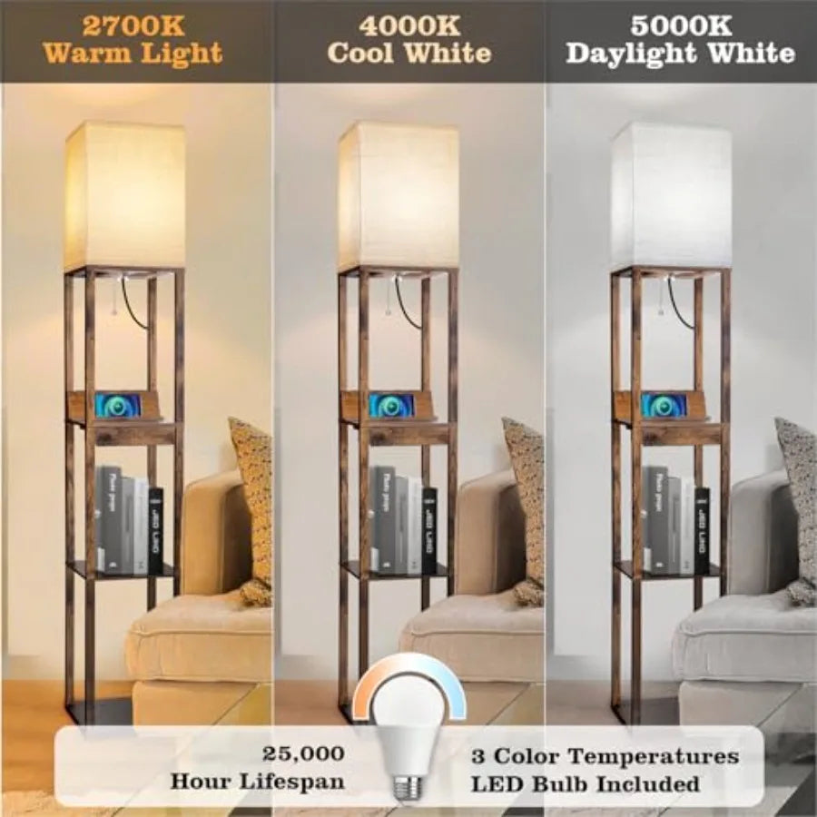 Floor Lamp With Shelves And Wireless Charger USB Ports Drawer