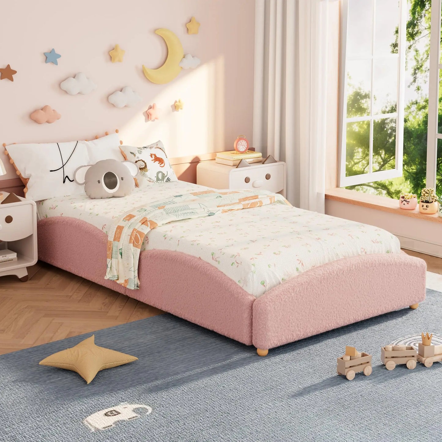 Twin Kids Floor Bed With Raised Sides, Teddy Fabric Upholstered Cloud Daybed, Montessori Platform Bed Frame With Wood Slats, No Box Spring