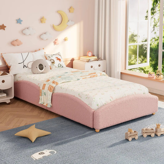 Twin Kids Floor Bed With Raised Sides, Teddy Fabric Upholstered Cloud Daybed, Montessori Platform Bed Frame With Wood Slats, No Box Spring