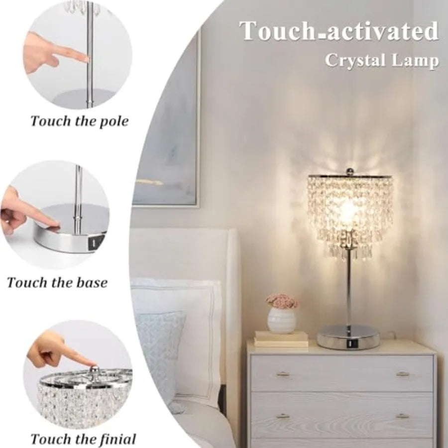 Crystal Table Lamp With USB Ports 3 Way Dimmable Bedside