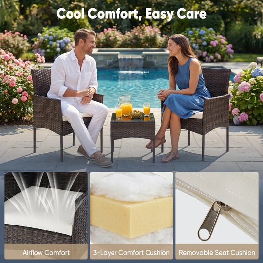 JHK Outdoor Patio Furniture Set Wicker Bistro With Glass Table
