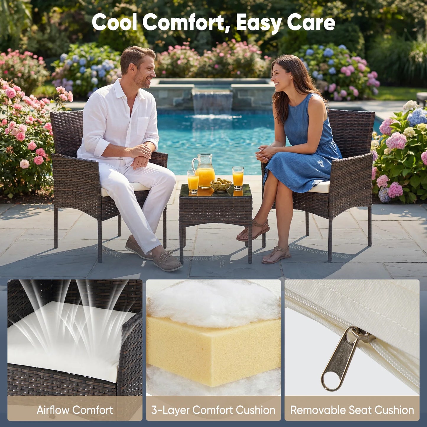 JHK Outdoor Patio Set All-Weather Wicker Bistro With Glass Table