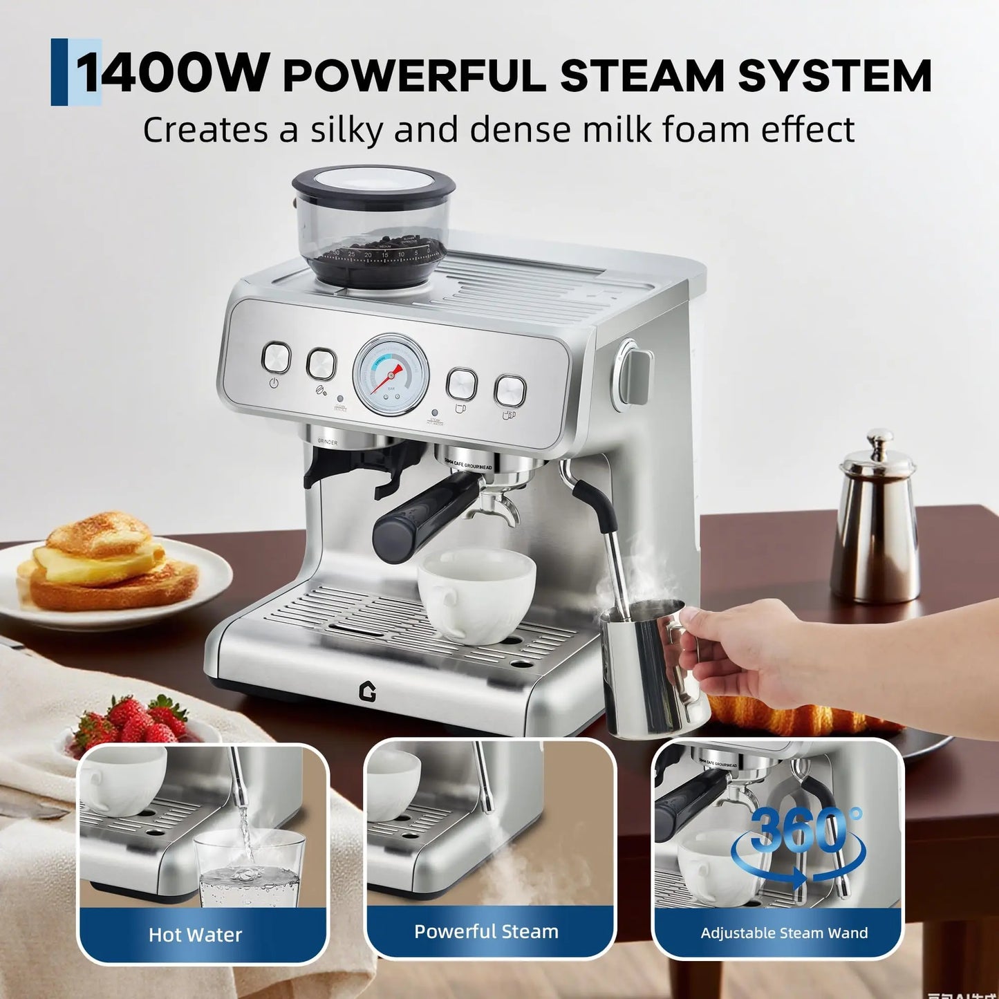 HiMISS Espresso Machine With Integrated Grinder 20 Bar