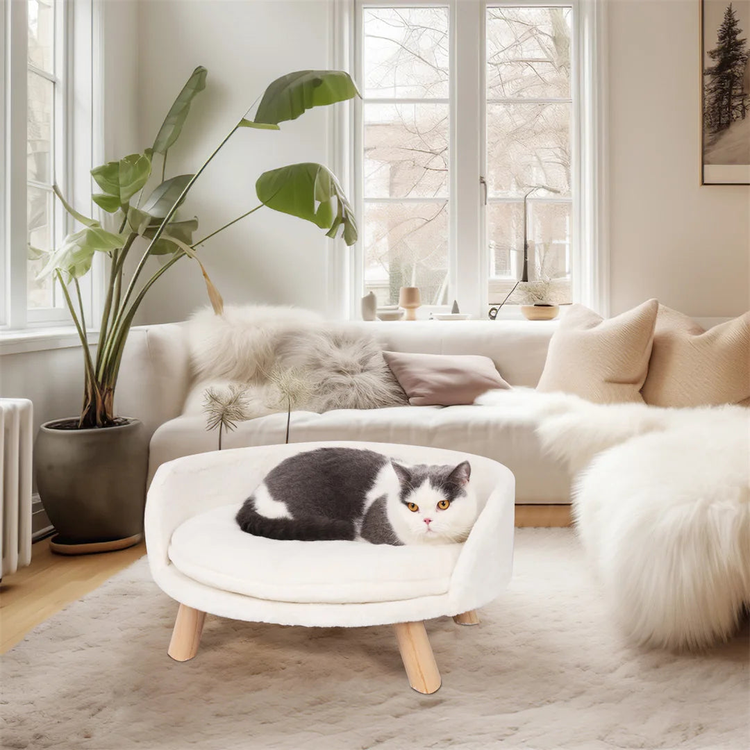 BINGOPAW Luxury Plush Cat Bed With Wood Leg Frame Washable