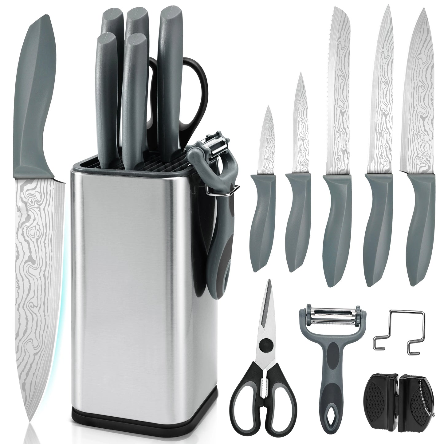 Damascus Pattern Stainless Steel Kitchen Knife Set With Knife Block