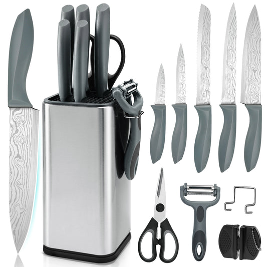 Damascus Pattern Stainless Steel Kitchen Knife Set With Knife Block