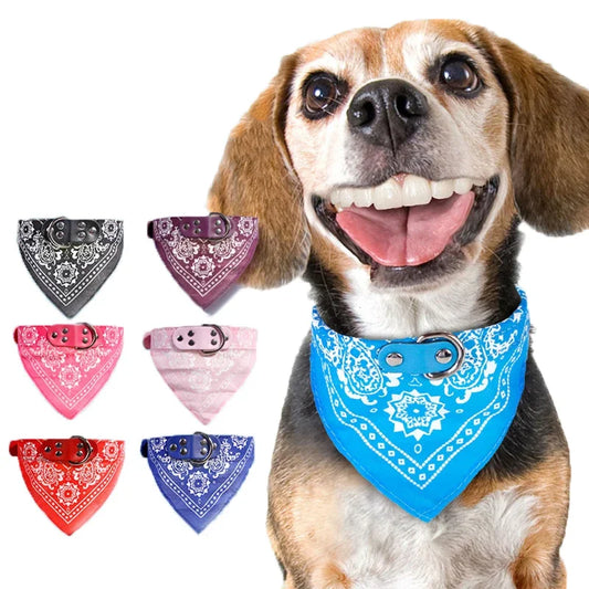 Leather Printed Adjustable Dog Bandana Collar For Pets
